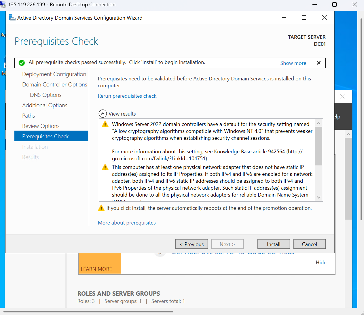 AD DS Prerequisites Check Passed