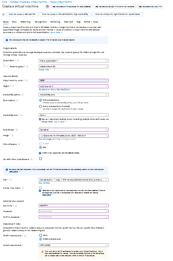Azure VM Creation Parameters DC01