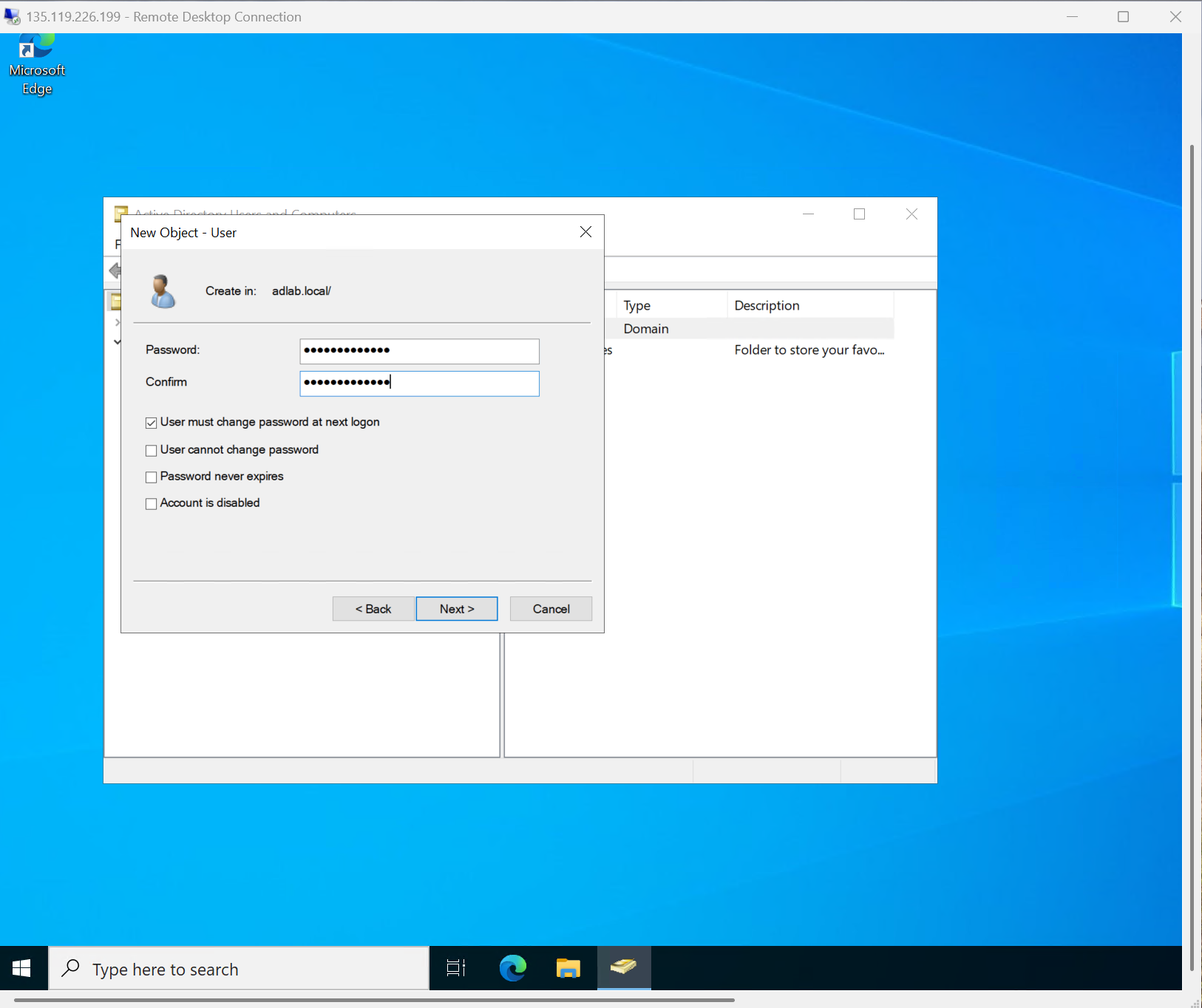 ADUC New User Password Configuration