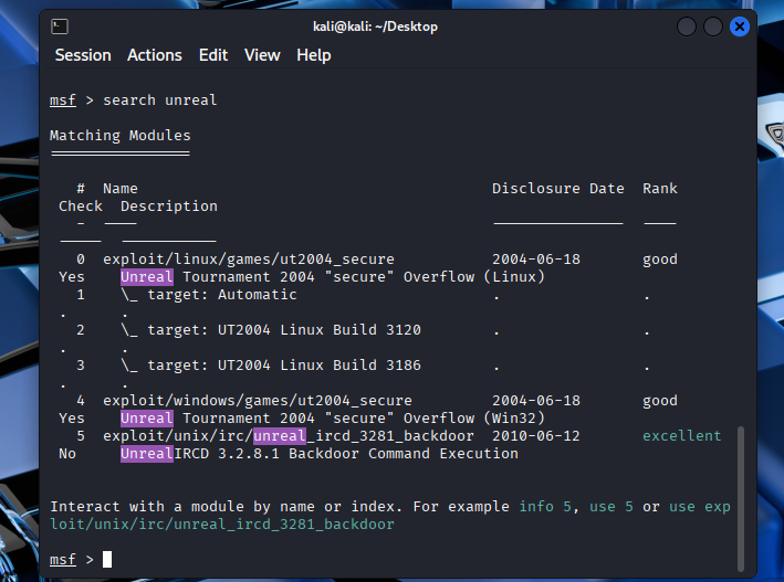 Metasploit module search for UnrealIRCd backdoor