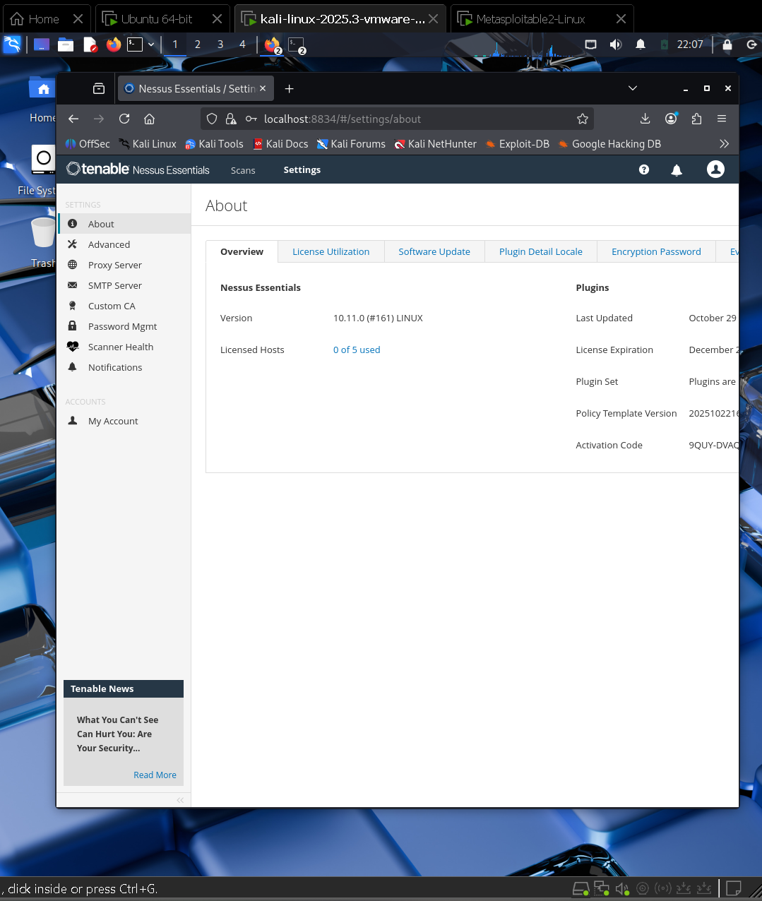 Nessus activation panel