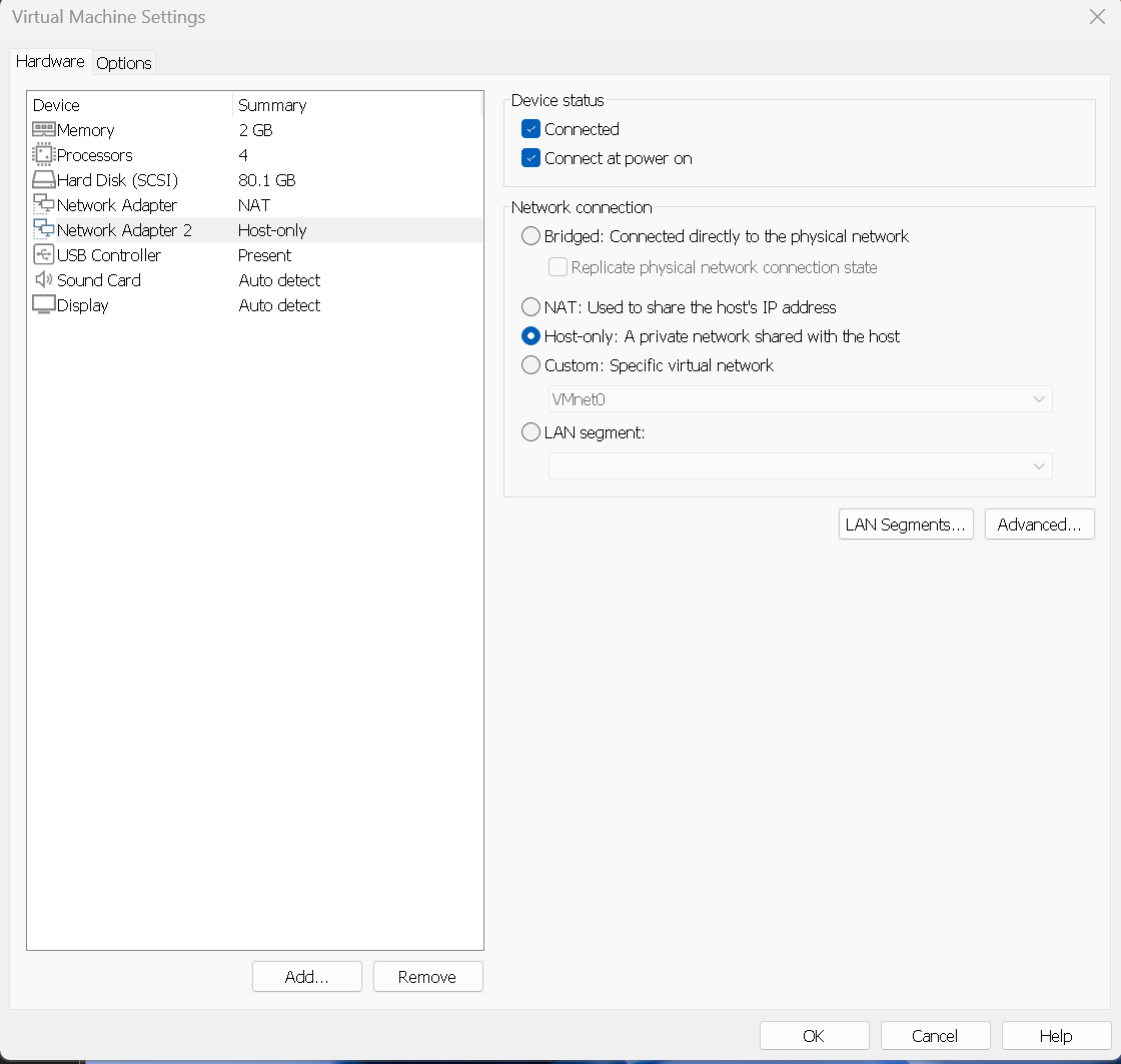 Host only adapter configuration