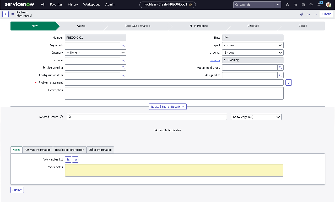 Default problem form view