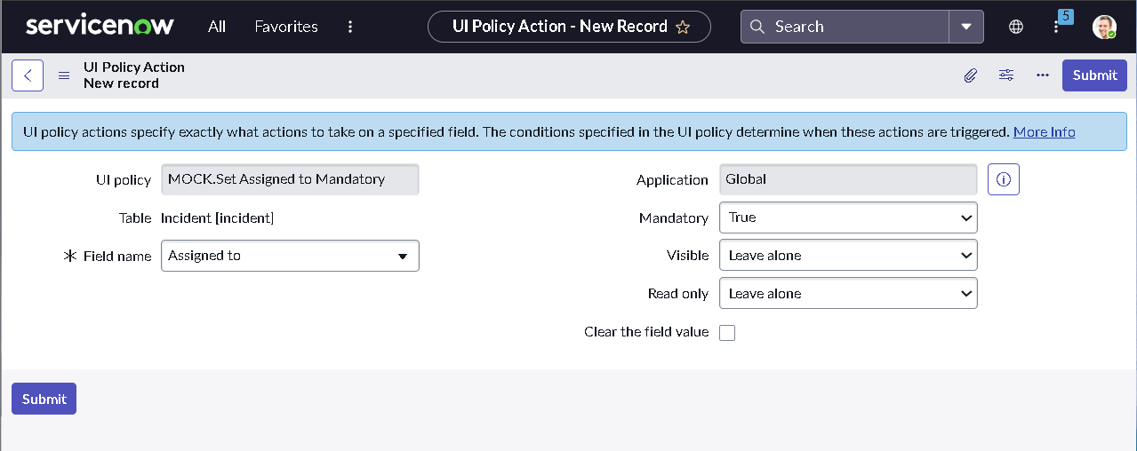 UI Policy Action configuration