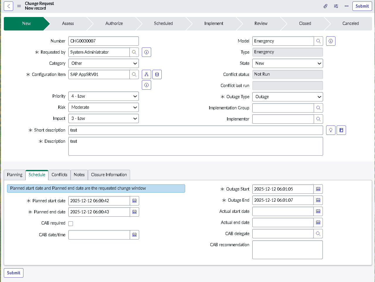 Emergency change record created