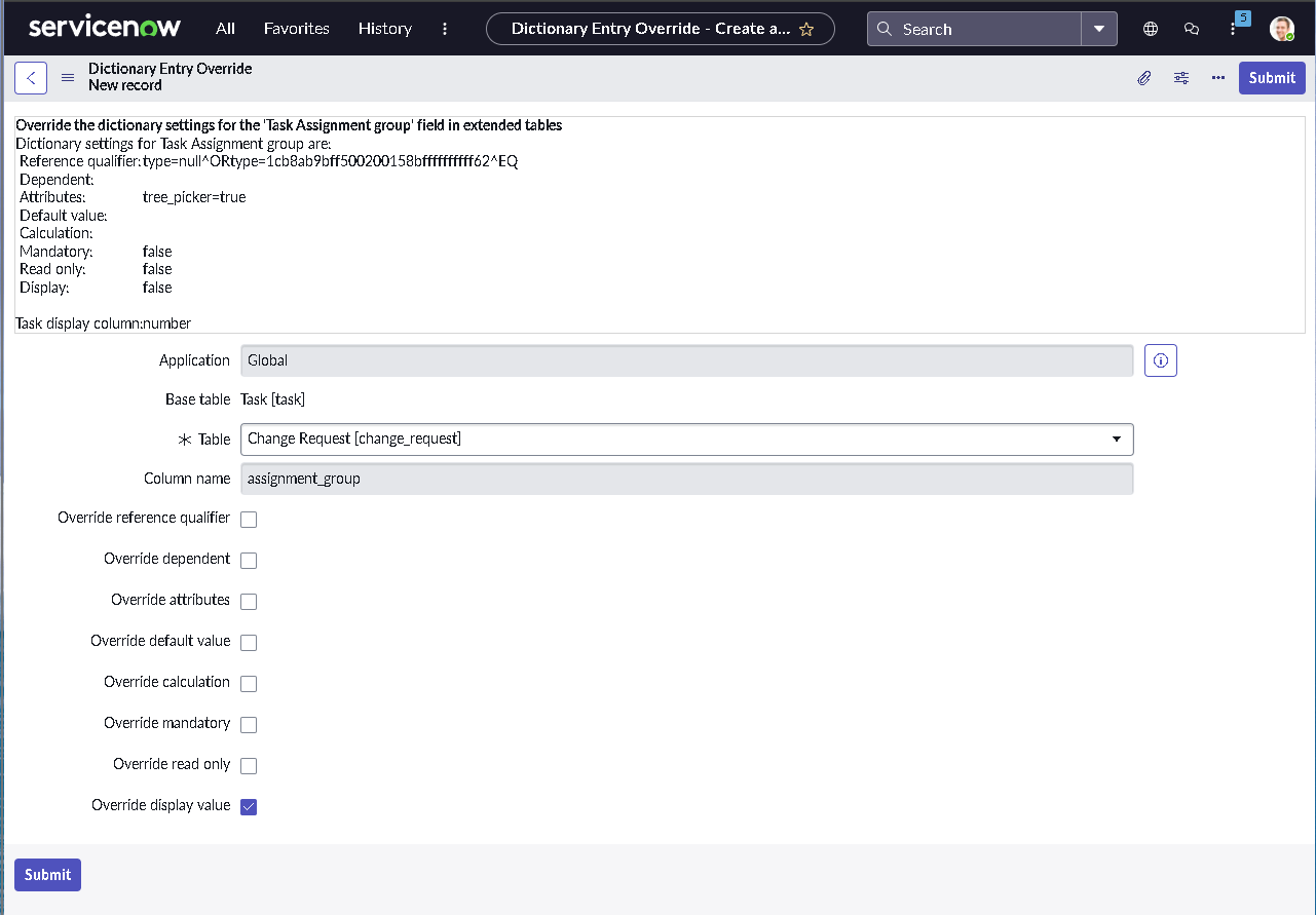 Dictionary override on change request table