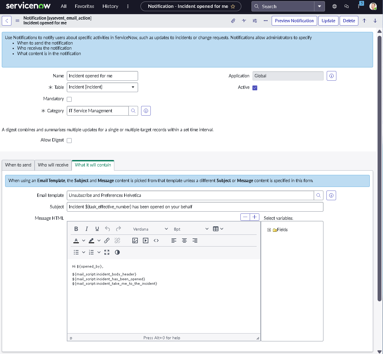 Notification configuration view