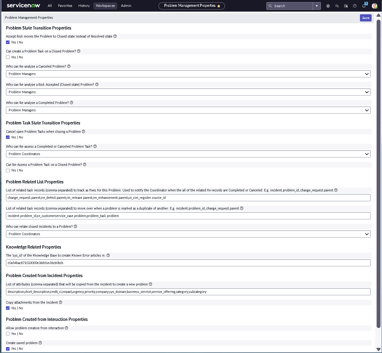 Problem management properties configuration