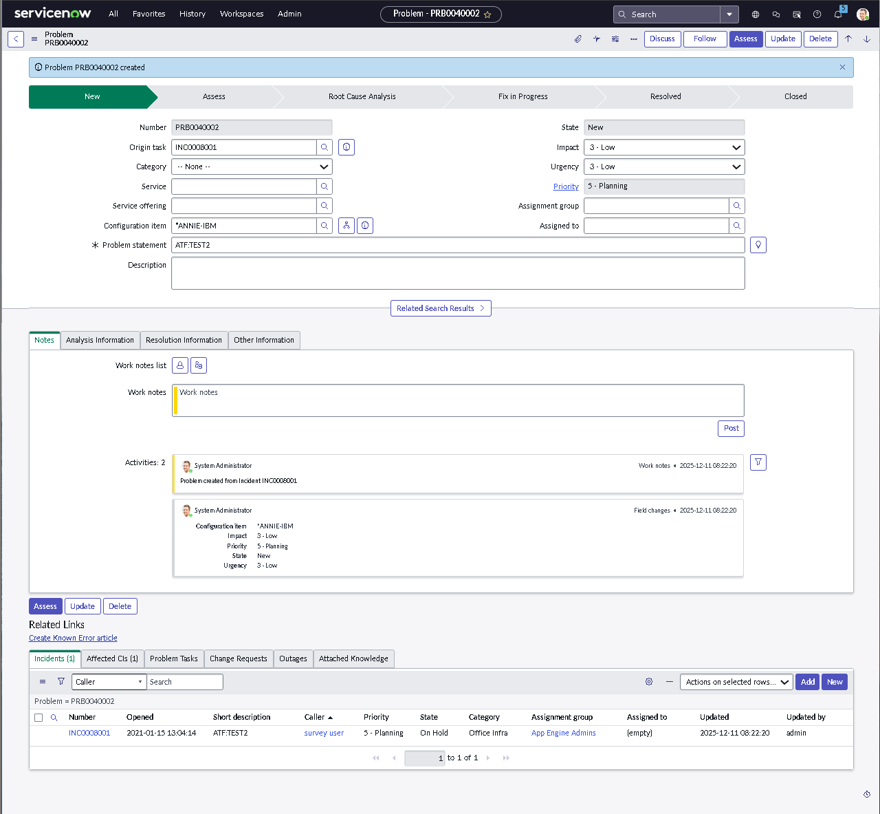 Problem record created from incident