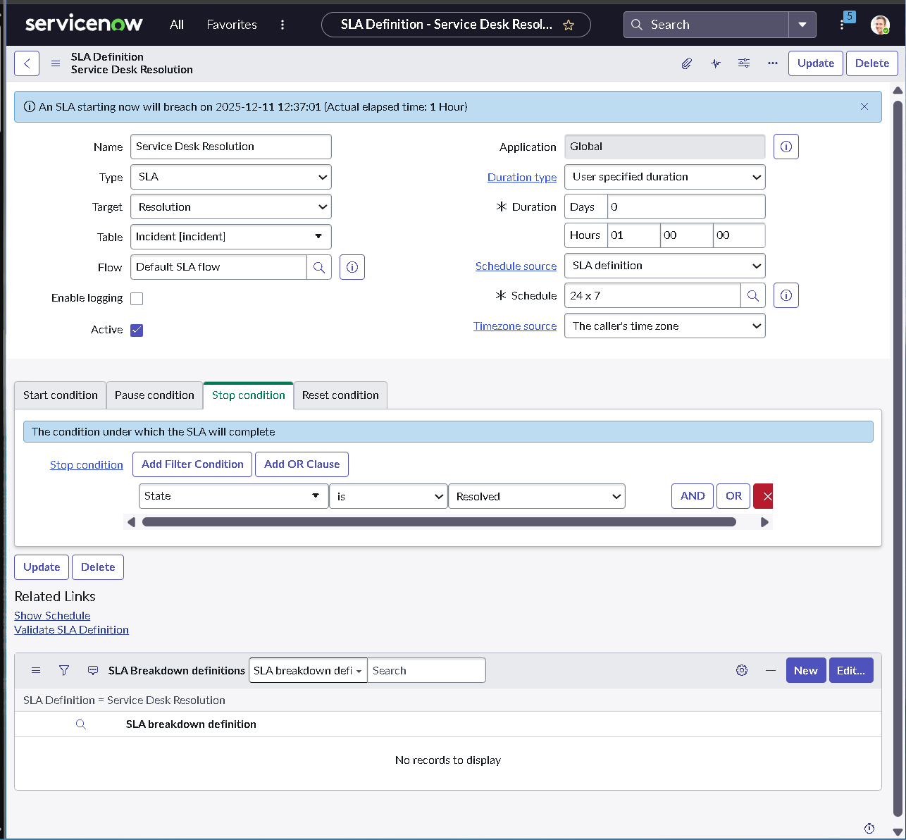 SLA definition configuration