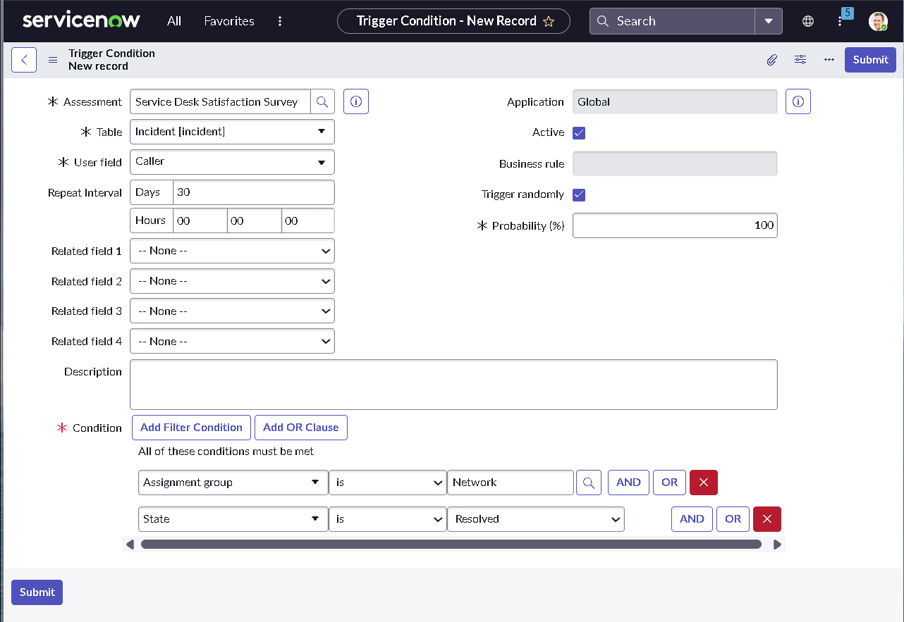 Survey trigger condition configuration