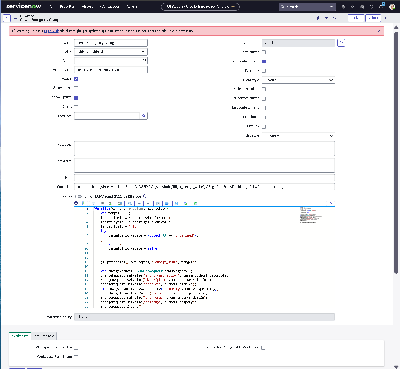 Create emergency change UI action configuration