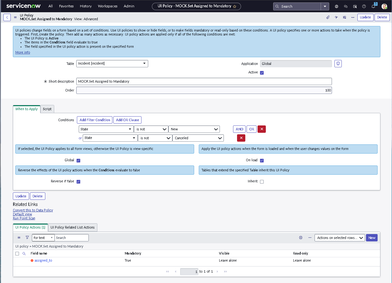 UI Policy backend configuration