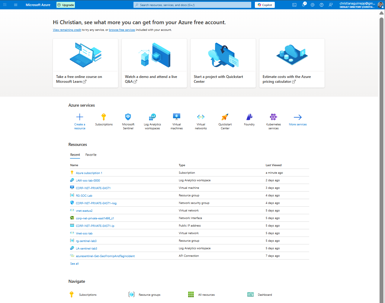 Azure portal home overview