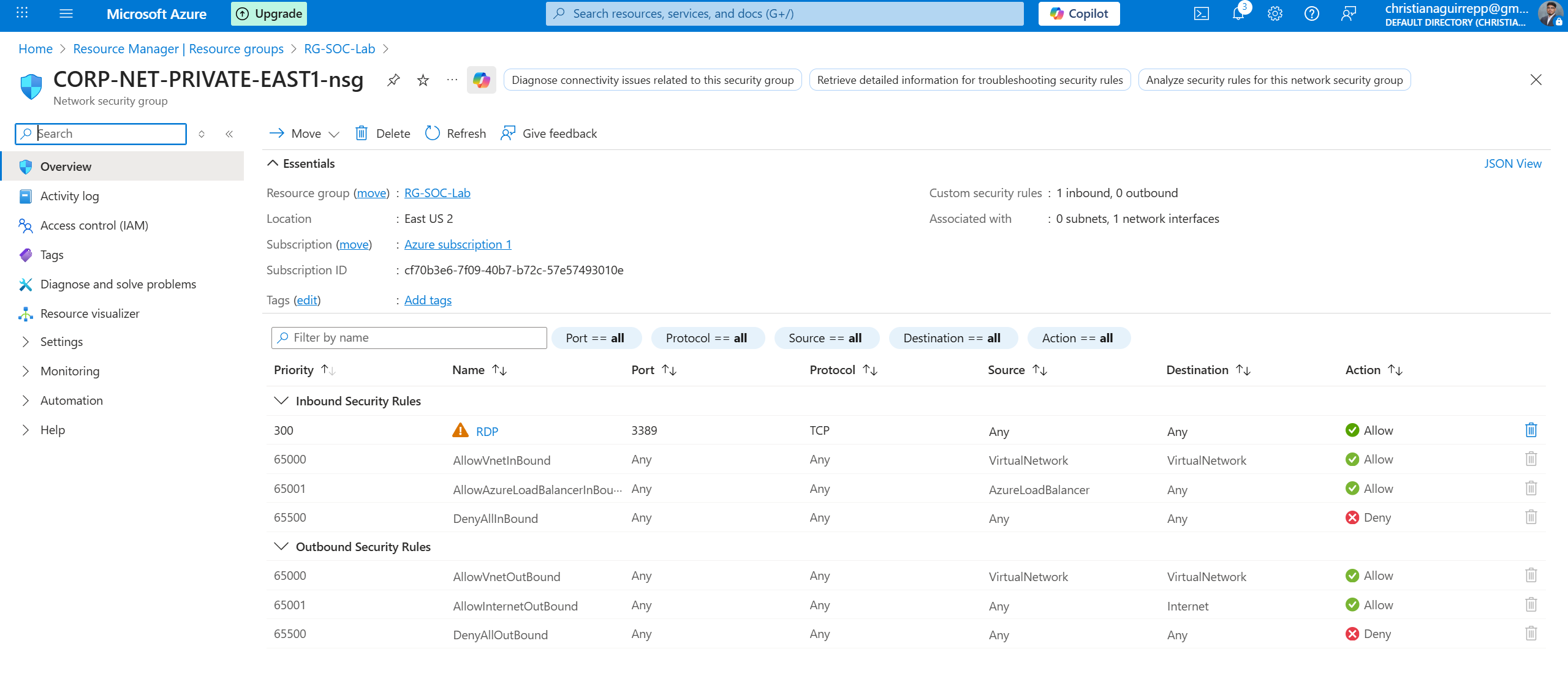 NSG rule allowing all inbound traffic