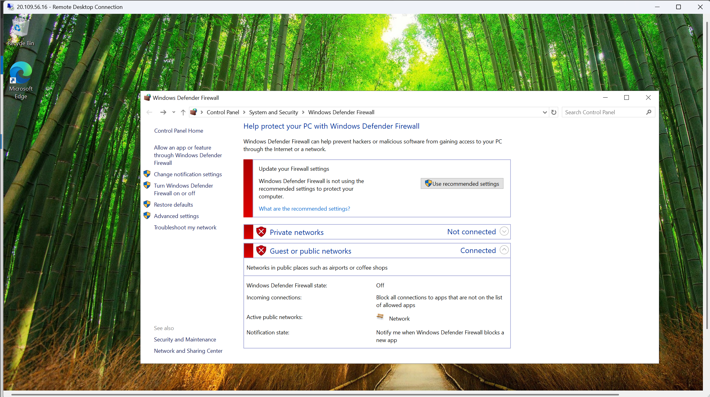 Windows firewall disabled