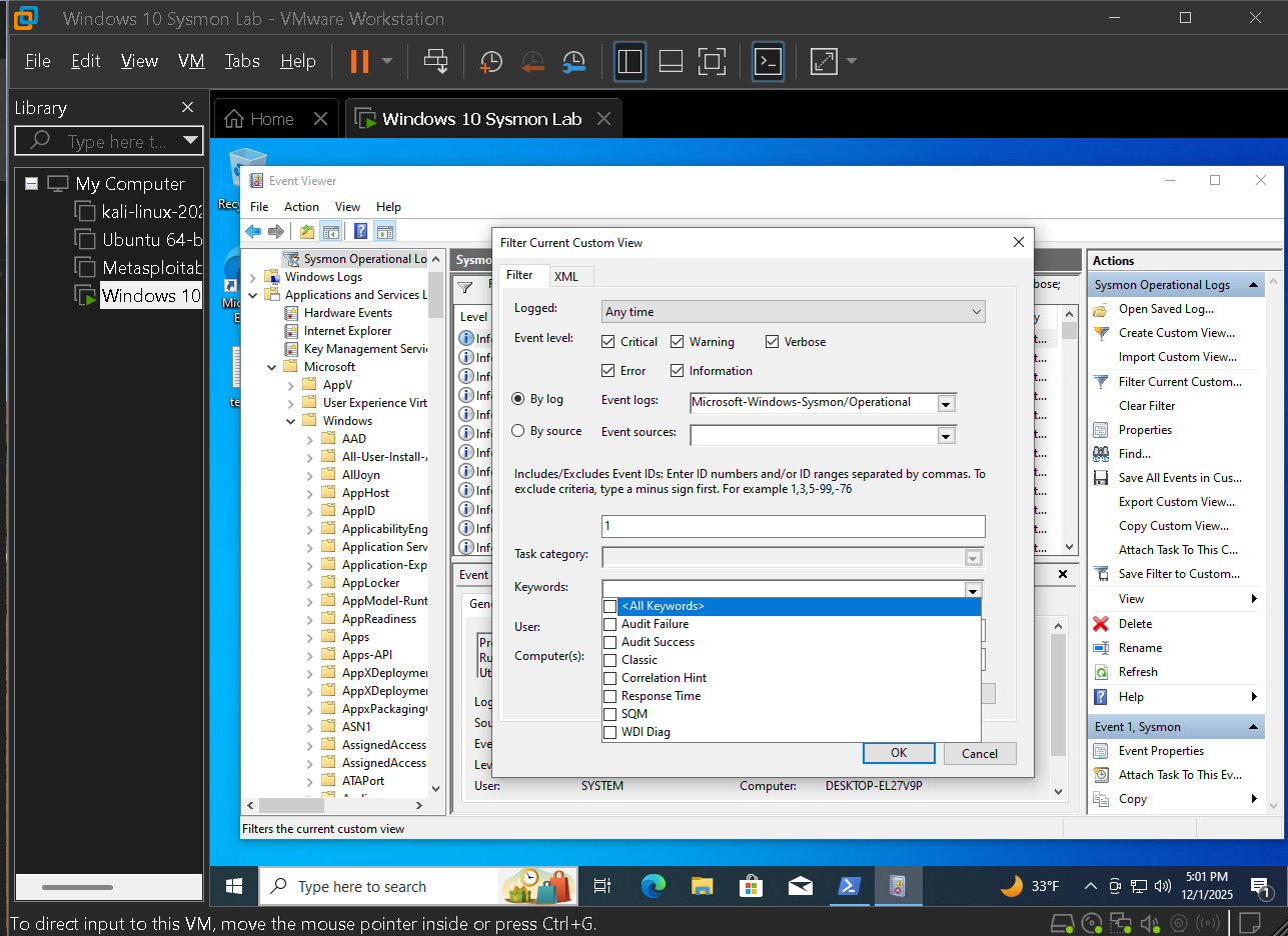 Custom view for Sysmon event IDs