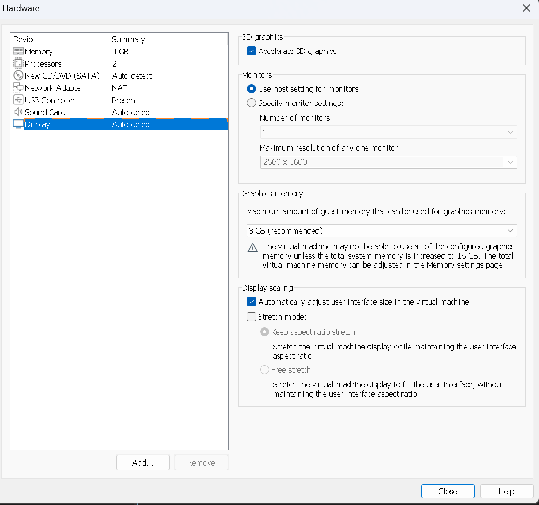 VM hardware and display